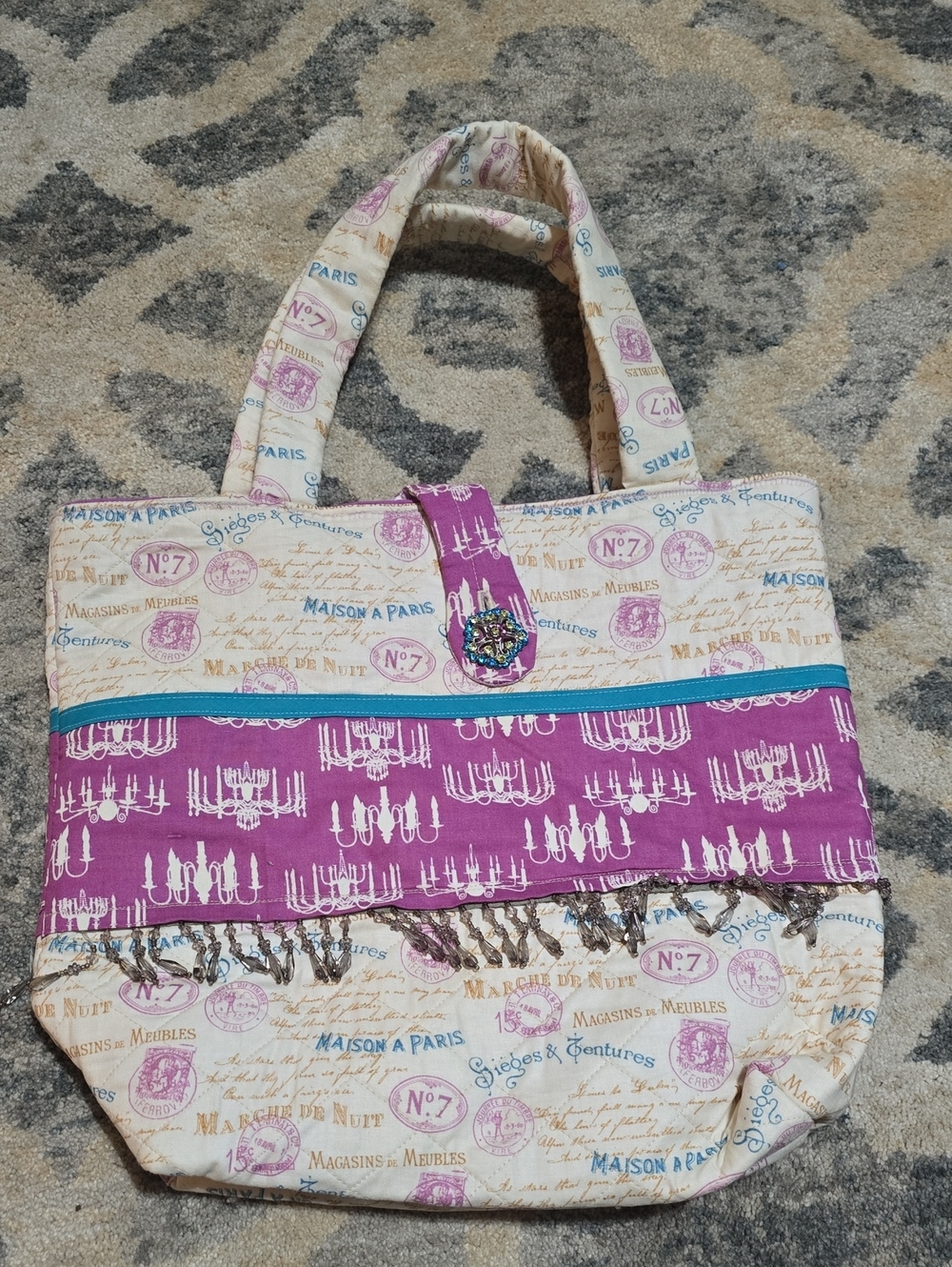 Handmade Purple and Cream Paris Print Tote Bag